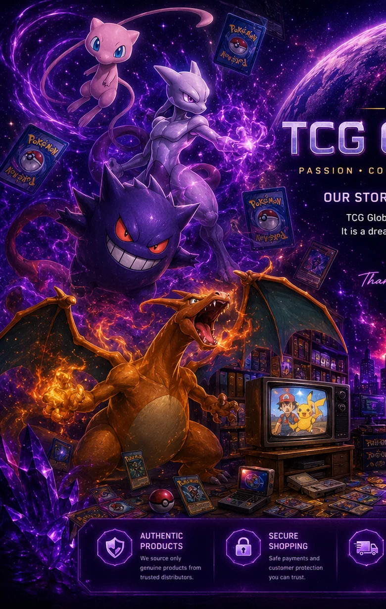 Mew, Mewtwo, Gengar and Charizard surrounded by purple cosmic card energy