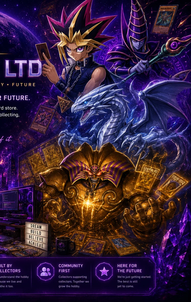 Yugi, Dark Magician, Blue-Eyes White Dragon and Exodia in a premium purple and gold cosmic scene