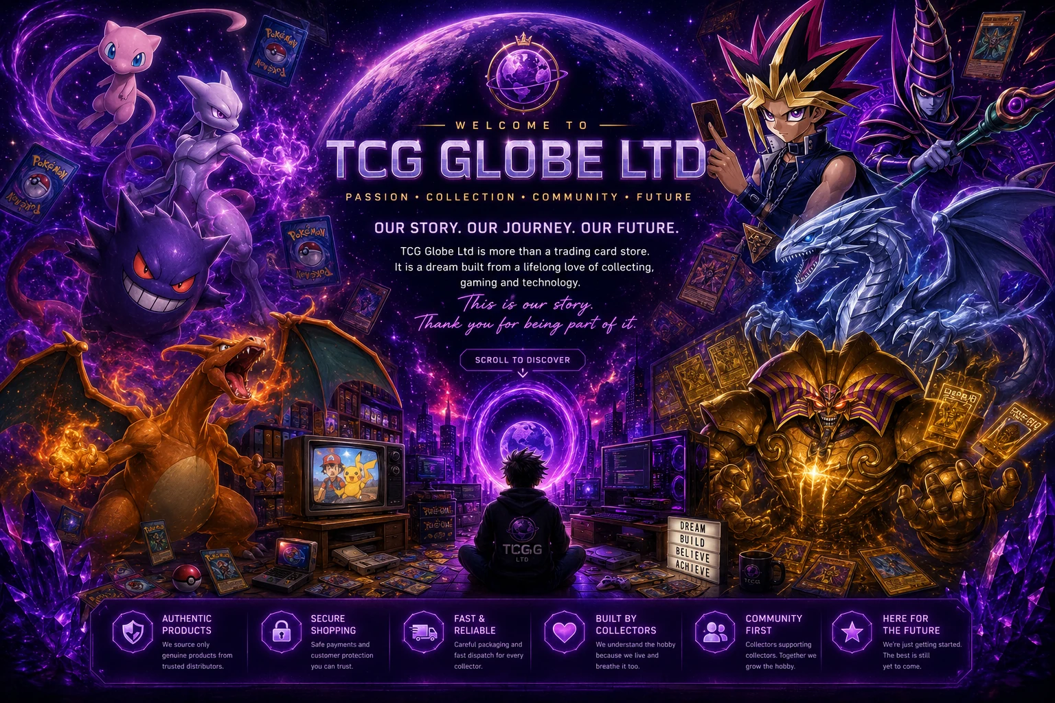 TCG Globe founder story artwork featuring Mew, Mewtwo, Gengar, Charizard, Yugi, Dark Magician, Blue-Eyes White Dragon and Exodia in the purple TCG Globe universe